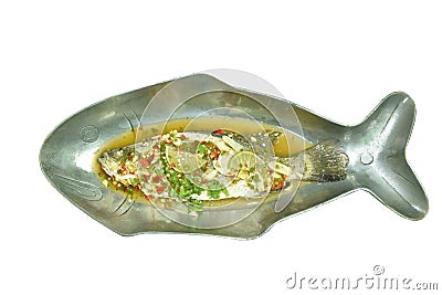 Steamed bass fish dressing lemon sweet and sour chili sauce on plate Stock Photo