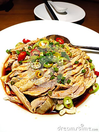 Steamed Chicken with Chili Sauce Stock Photo