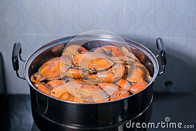 Steamed crab in pot. live crabs in a pot. steaming shanghai hairy crabs, chinese cuisine. Stock Photo