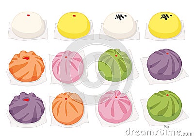 Steamed stuff bun,dim sum yellow orange pink green purple colourful and chinese cuisine on white background vector illustration Vector Illustration