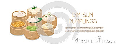 Steamed dumplings banner template. Momo and dim sum in bamboo steamer baskets isolated on white Vector Illustration