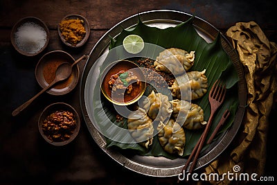 Steamed dumplings with curry on banana leaf, Thai food Stock Photo