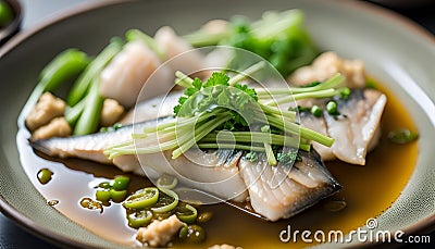 Steamed Fish With Ginger and Scallions Stock Photo