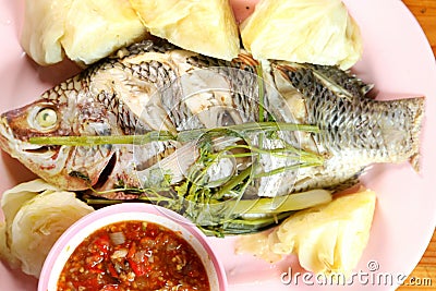 Steamed fish with vegetable. Stock Photo