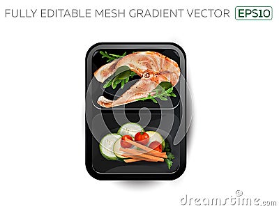 Steamed fish with vegetables in a lunchbox. Vector Illustration