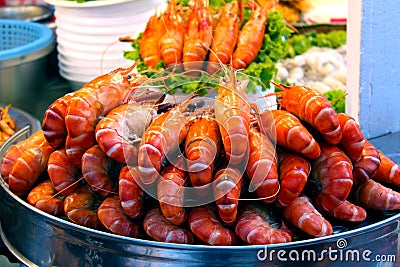 Steamed giant freshwater shrimps that are sold as street food Stock Photo