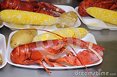 Steamed lobster dinner with potato and corn Stock Photo