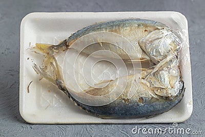 Steamed Mackerel on wrap plastic Stock Photo