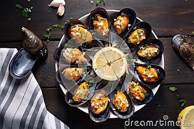 Cooked mussels recipe. Top view Stock Photo