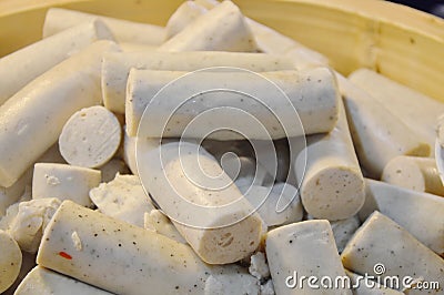 Steamed pork sausage Vietnamese style in bamboo basket Stock Photo