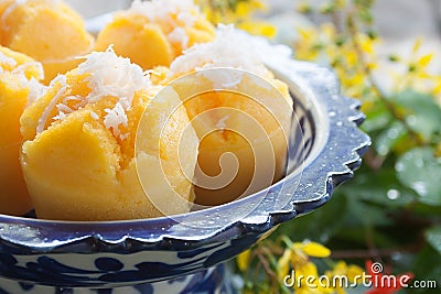 Steamed Pumpkin Cake Thai Dessert - Kanom Fak Thong Stock Photo