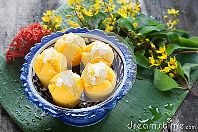 Steamed Pumpkin Cake Thai Dessert - Kanom Fak Thong Stock Photo