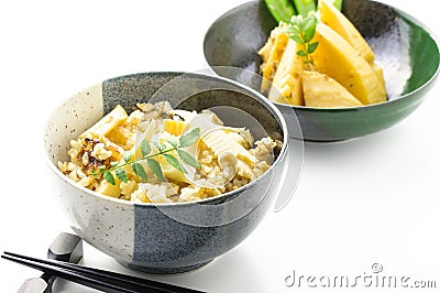 Steamed rice and Bamboo shoot called Takenoko Gohan Stock Photo