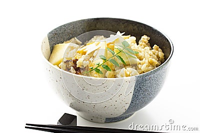 Steamed rice and Bamboo shoot called Takenoko Gohan Stock Photo