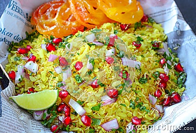 Indian street food breakfast poha jalebi Stock Photo