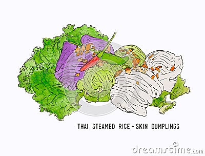 Steamed rice-skin dumplings , thai snack hand drawn water color Vector Illustration