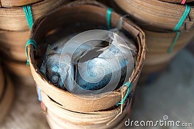 Steamed short body mackerel fish, Pla-Tu, in a flat-round bamboo basket Stock Photo