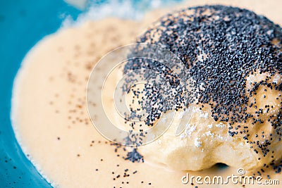 Steamed sweet dumpling bun topped with poppy seeds and vanilla sauce. Stock Photo