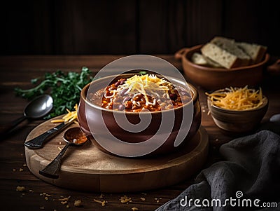 A steaming bowl of chili topped with shredded cheddar cheese Stock Photo