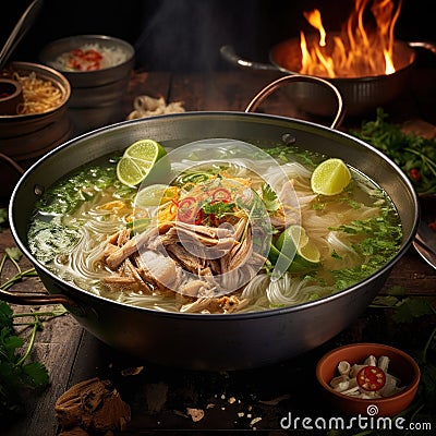 steaming bowl of Soto Ayam (chicken soup), adorned with bean sprouts, lime wedges, and fried shallots by AI generated Stock Photo
