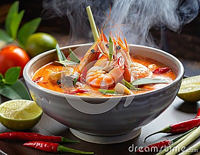 A steaming bowl of Tom Yum Goong, brimming with plump shrimp, aromatic lemongrass, and fiery chili peppers Stock Photo