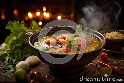 Steaming Bowl of Tom Yum Soup in Authentic Thai Kitchen Stock Photo
