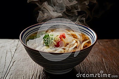 Steaming bowl of udon, Japanese comfort captured in photograph Stock Photo