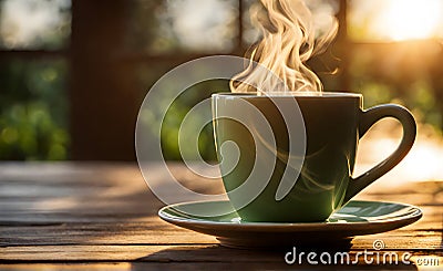 Steaming coffee mug on rustic table Stock Photo