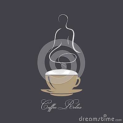 Steaming coffee with silhouette of a body in yoga lotus assana. Concept of coffee and relaxation. Coffee time, break, rest. Vector Stock Photo