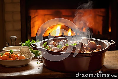 steaming coq au vin on a wooden dining table Stock Photo