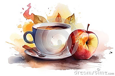 Steaming cup of cinnamon apple tea, Watercolor Stock Photo