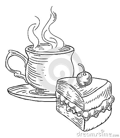 Cup of Tea and Cake Vintage Retro Style Vector Illustration