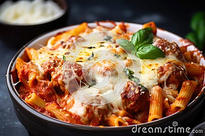 steaming hot bowl of baked ziti with delicious tomato sauce, mozzarella cheese, and meatballs, topped with fresh basil Stock Photo