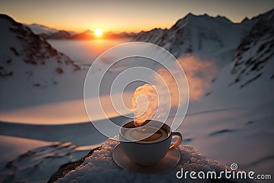 A steaming hot coffee top of a snowy mountain Stock Photo