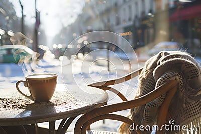 Steaming hot cup of coffee on wooden table of beautiful snow covered typical Parisian cafe in France. Sunny cold day on winter Stock Photo