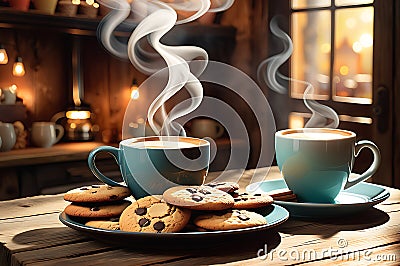 Steaming Mug of Coffee and Assorted Cookies on a Rustic Wooden Table: Morning Indulgence Stock Photo