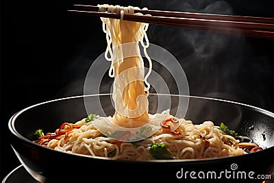 Steaming noodles on black background, held by chopsticks, a culinary delight Stock Photo