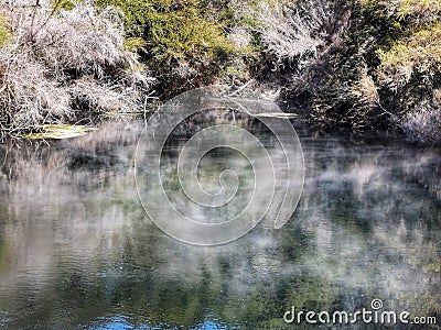 Steaming waters at geothermal springs at Tokaanu Thermal walk in the afternoon. New Zealand. Stock Photo