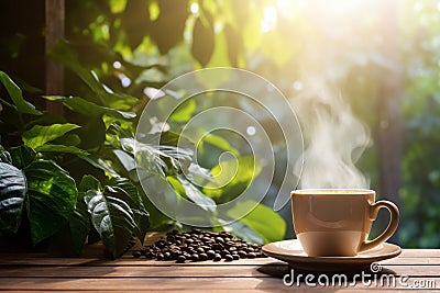 Steaming white cup of fresh coffee on a wooden table on tropical vegetation background. Sunny summer day at coffee plantation Stock Photo