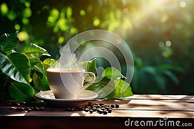 Steaming white cup of fresh coffee on a wooden table on tropical vegetation background. Sunny summer day at coffee plantation Stock Photo