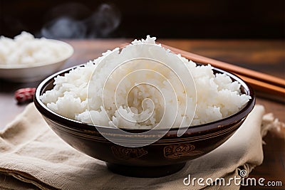 Steaming white rice in a bowl, a simple and satisfying meal Stock Photo