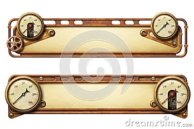 Steampunk aged metal banners with copper pipes and steam gauges Cartoon Illustration