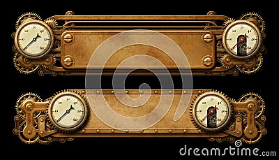 Steampunk aged metal banners with steam gauges illustration Cartoon Illustration