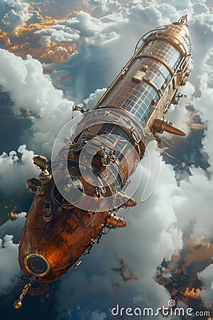 Steampunk Airship Soaring Above Clouds Fantastical Copper Zeppelin with Retro Futuristic Design in a Surreal Sky Stock Photo