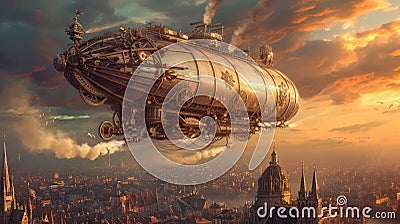 Steampunk Airships in a Sunset Sky. Resplendent. Stock Photo