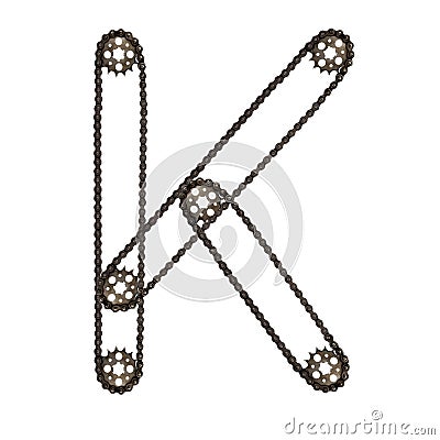 Steampunk font. Letter K from chain gear elements, tires, reflectors Stock Photo