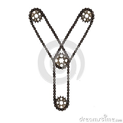 Steampunk font. Letter Y from chain gear elements, tires, reflectors Stock Photo