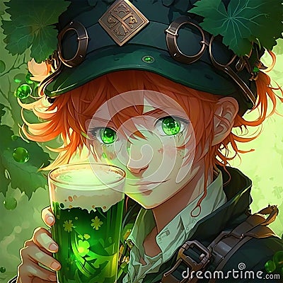 Steampunk Anime Leprechaun Drinking Green Beer Digital Art Stock Photo