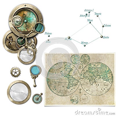 Steampunk astrology/compass devices selection Stock Photo