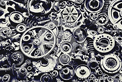 Steampunk background, machine and mechanical parts, large gears and chains from machines and tractors. Stock Photo